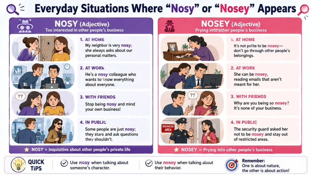 Everyday Situations Where “Nosy” or “Nosey” Appears