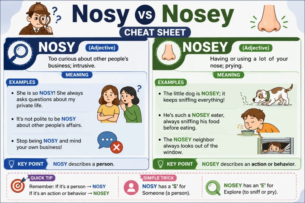 Nosy vs Nosey Cheat Sheet