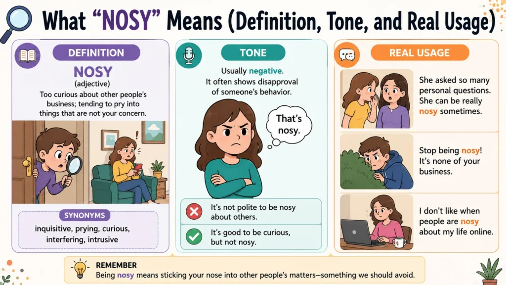 What “Nosy” Means (Definition, Tone, and Real Usage)
